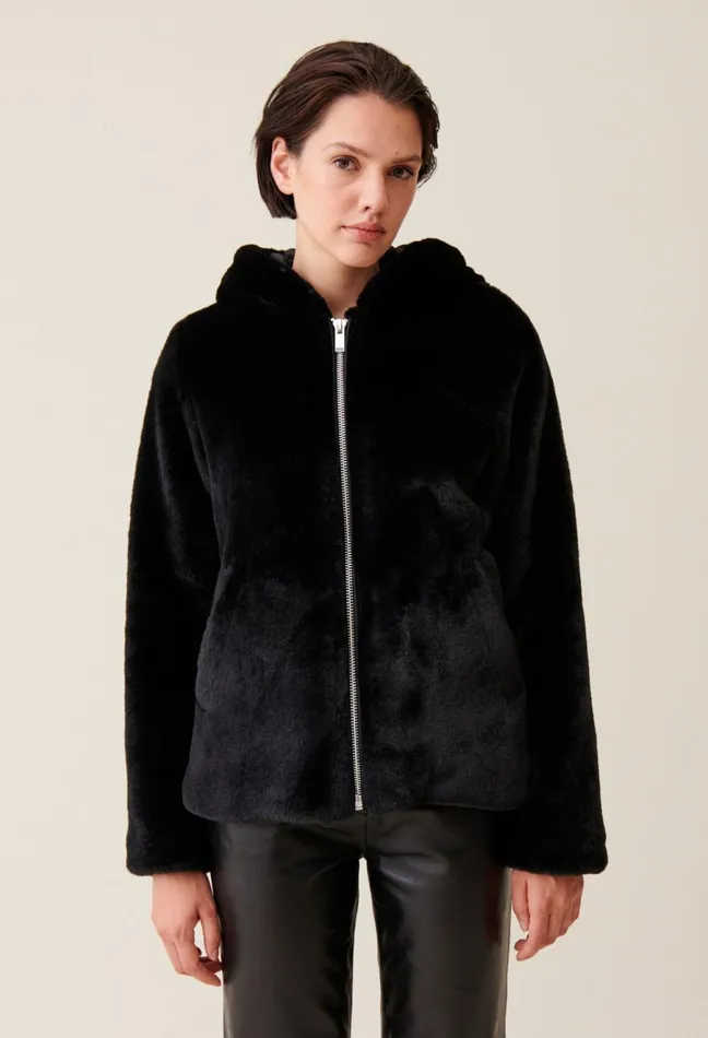 Claudie Pierlot Hooded Faux Fur Jacket Black Women Coats Claudie Pierlot Hooded Faux Fur Jacket Black Women Coats