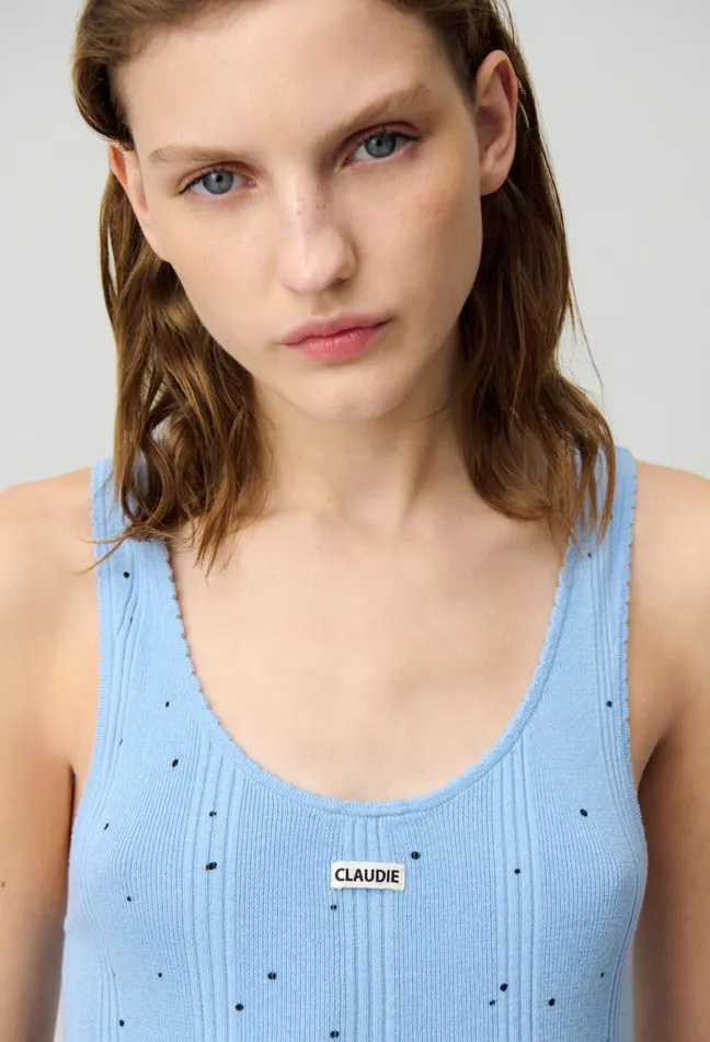 Claudie Pierlot Polka Dot Fine Knit Tank Top Mid Blue Women Tops And Shirts Claudie Pierlot Polka Dot Fine Knit Tank Top Mid Blue Women Tops And Shirts