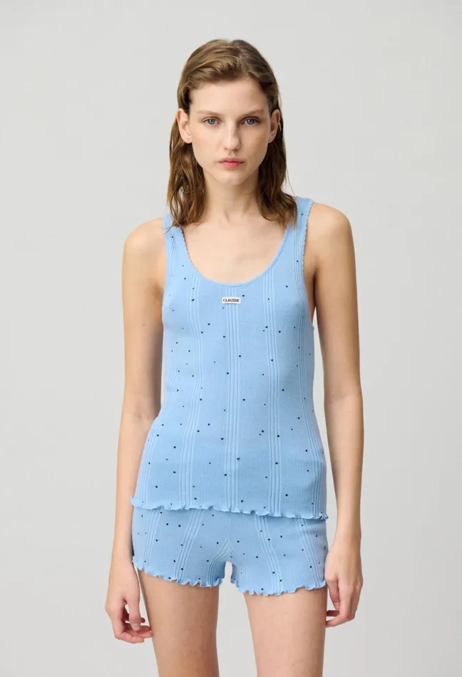Claudie Pierlot Polka Dot Fine Knit Tank Top Mid Blue Women Tops And Shirts Claudie Pierlot Polka Dot Fine Knit Tank Top Mid Blue Women Tops And Shirts