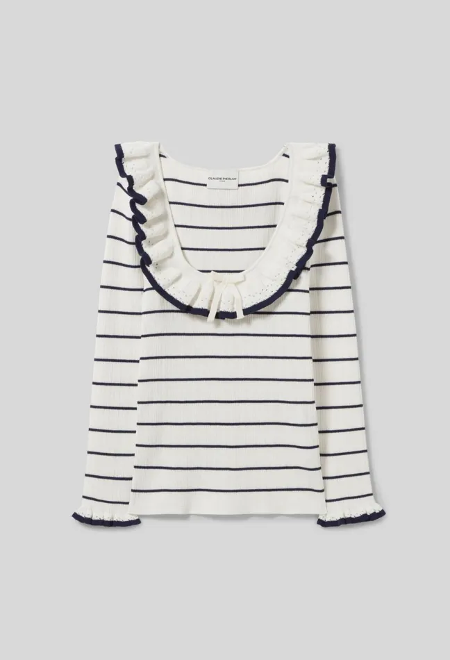Claudie Pierlot Striped Frill Knit Top Navy Women Knitwear And Cardigans