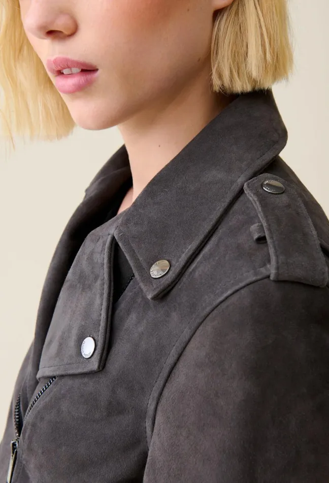 Claudie Pierlot Suede Leather Biker Jacket Gris Fonce Women Jackets Claudie Pierlot Suede Leather Biker Jacket Gris Fonce Women Jackets