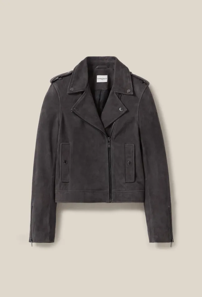 Claudie Pierlot Suede Leather Biker Jacket Gris Fonce Women Jackets Claudie Pierlot Suede Leather Biker Jacket Gris Fonce Women Jackets