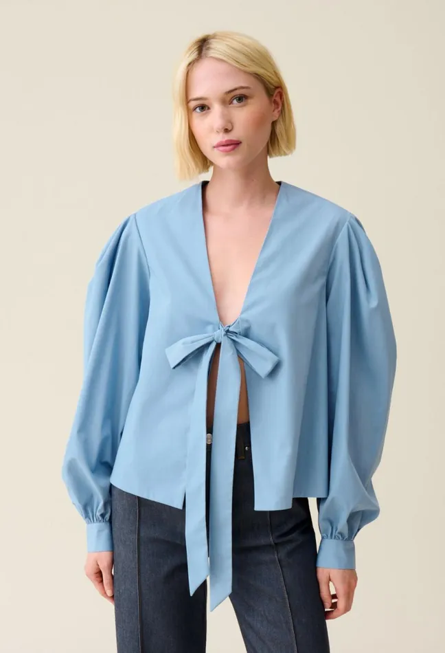 Claudie Pierlot TieFront VNeck Blouse Sky Blue Women Tops And Shirts