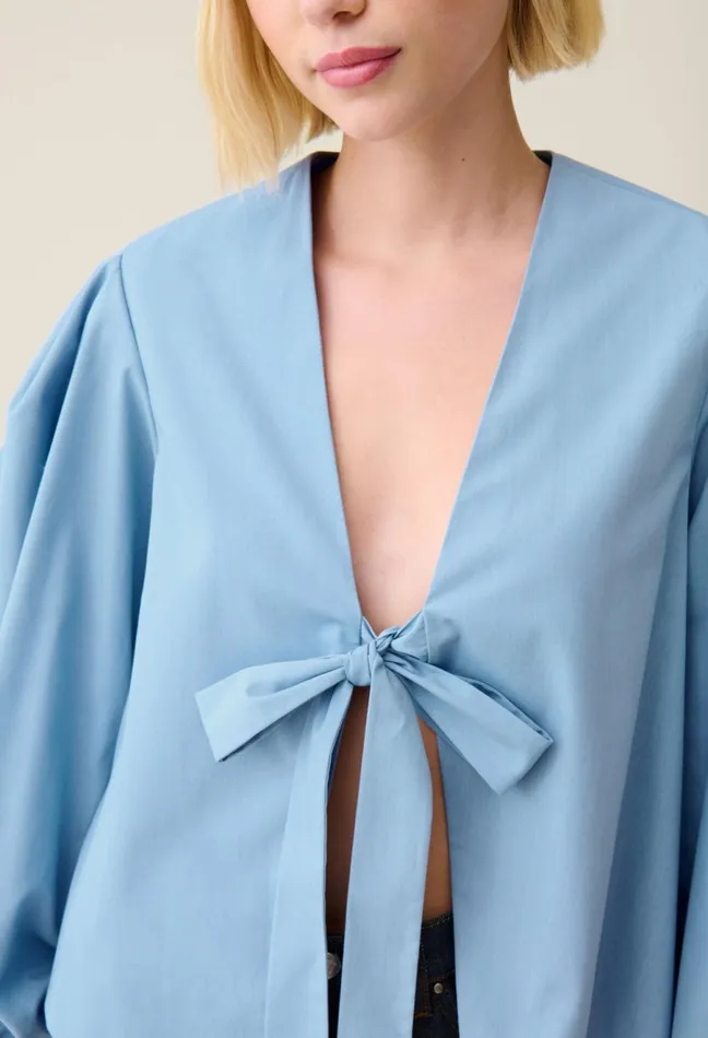 Claudie Pierlot TieFront VNeck Blouse Sky Blue Women Tops And Shirts