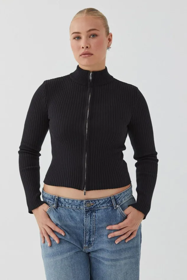 Clothing Supr Knitwear Marcie Mock Neck Zip Through Cardigan Black