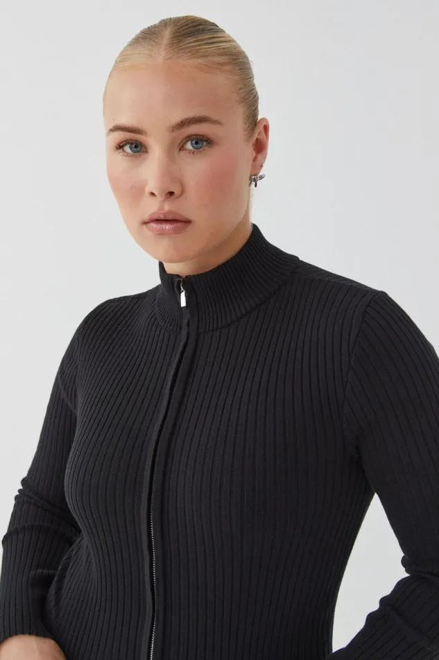 Clothing Supr Knitwear Marcie Mock Neck Zip Through Cardigan Black