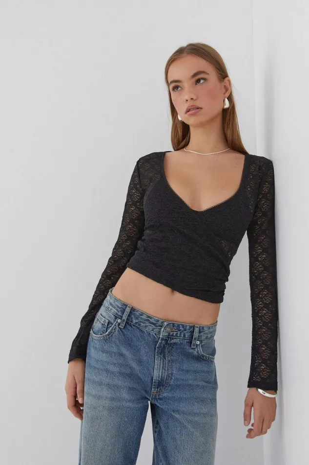 Clothing Supr Long Sleeve Tops Macy Long Sleeve Lace Wrap Top Black