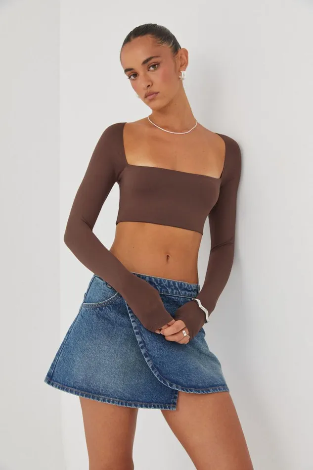 Clothing Supr Luxe Essentials Light Luxe Long Sleeve Crop Top Hot Chocolate