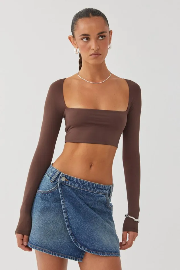 Clothing Supr Luxe Essentials Light Luxe Long Sleeve Crop Top Hot Chocolate