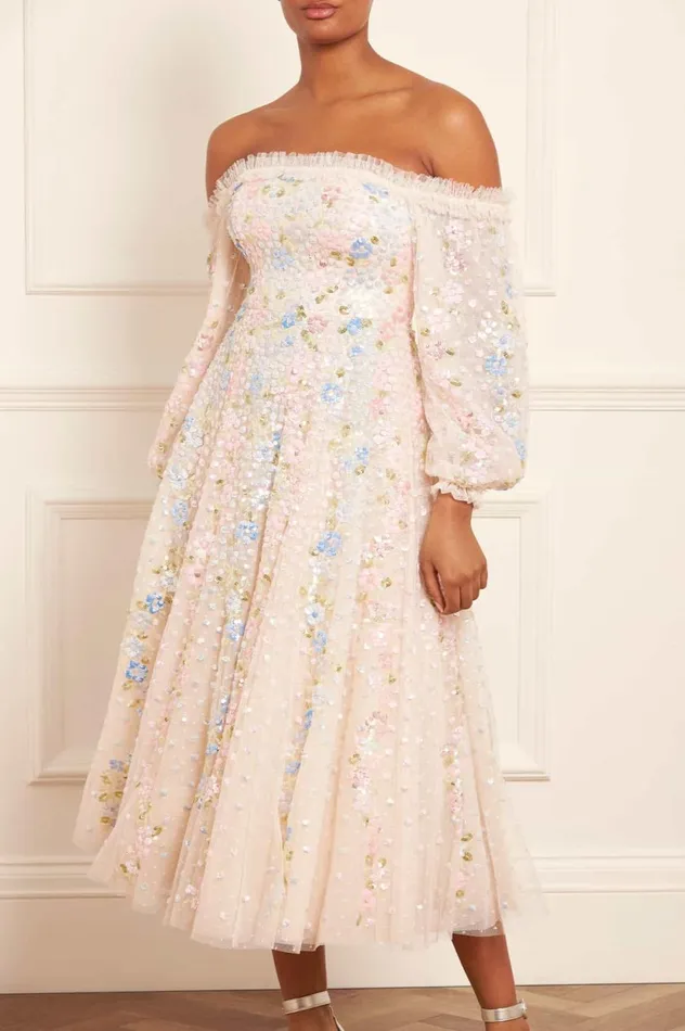 Confetti Gloss OffShoulder Ballerina Dress Champagne Women Needle and Thread Dresses