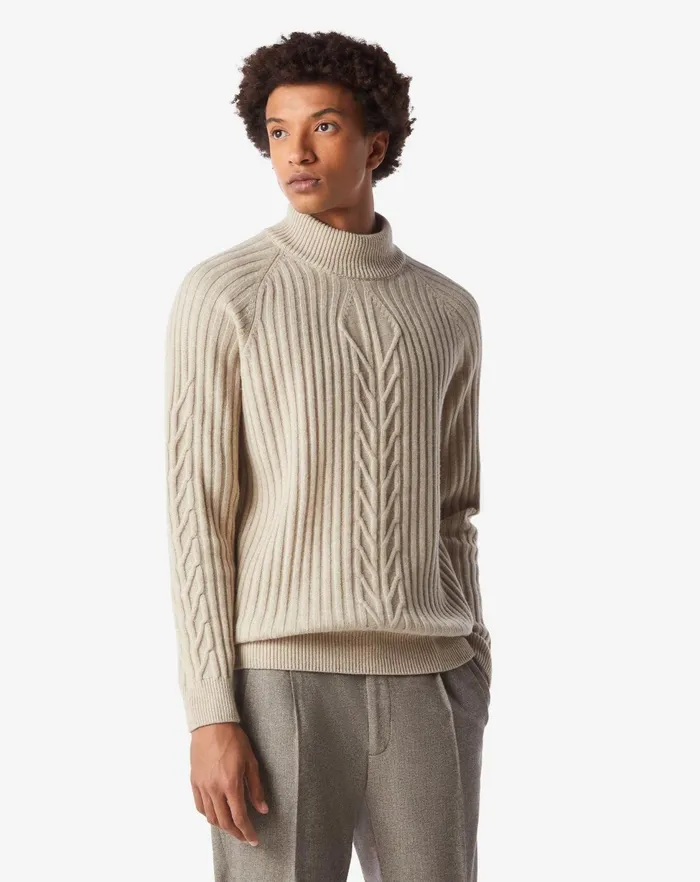 Corneliani Knitwear Ivory Wool And Silk Turtleneck With Braid 8211 Men