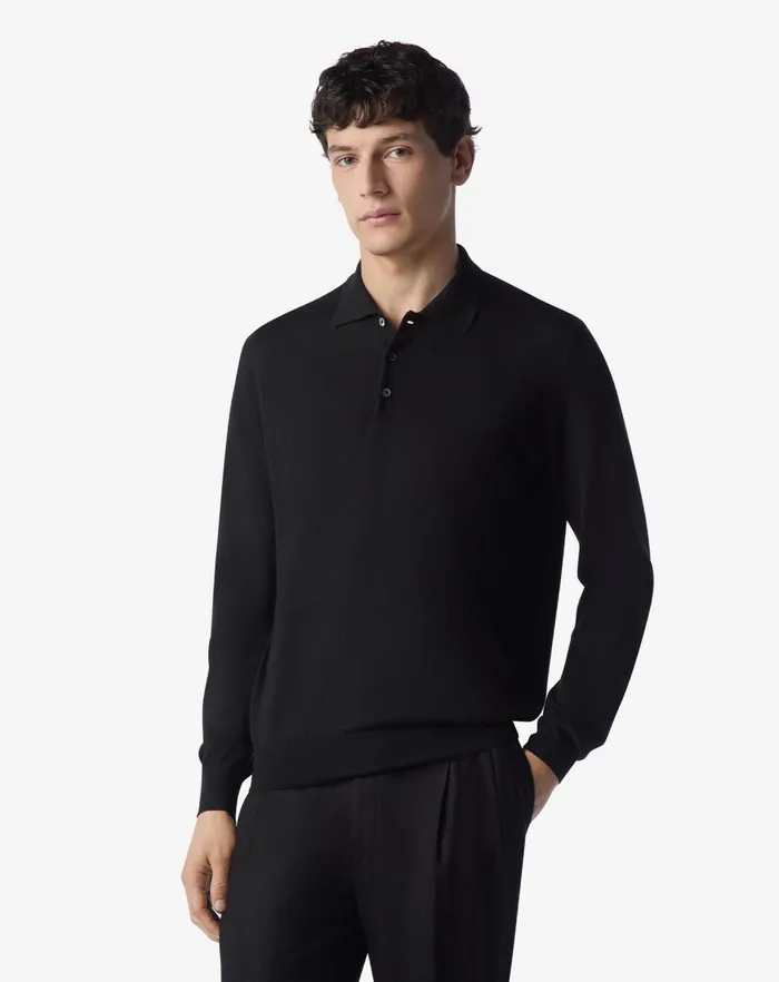 Corneliani Polos and TShirts Black Ultra Fine Wool Buttonup Polo Shirt For Men 8211 Men