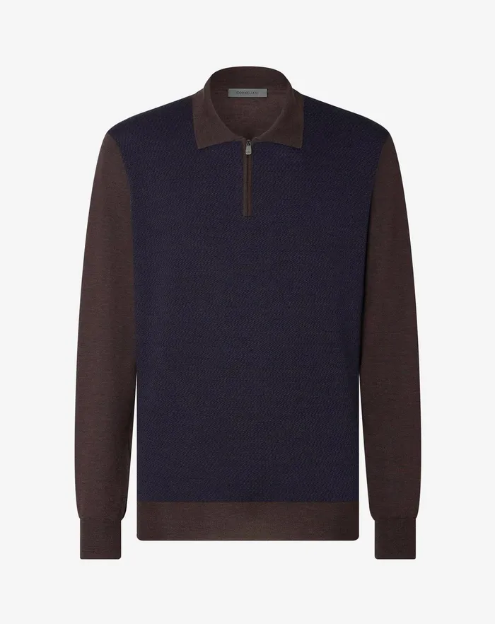 Corneliani Polos and TShirts Brownroyal Blue Jacquard Wool Buttonup Polo Shirt For Men 8211 Men Corneliani Polos and TShirts Brownroyal Blue Jacquard Wool Buttonup Polo Shirt For Men 8211 Men