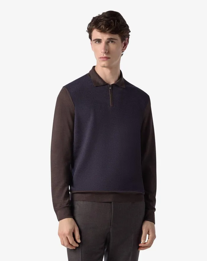 Corneliani Polos and TShirts Brownroyal Blue Jacquard Wool Buttonup Polo Shirt For Men 8211 Men
