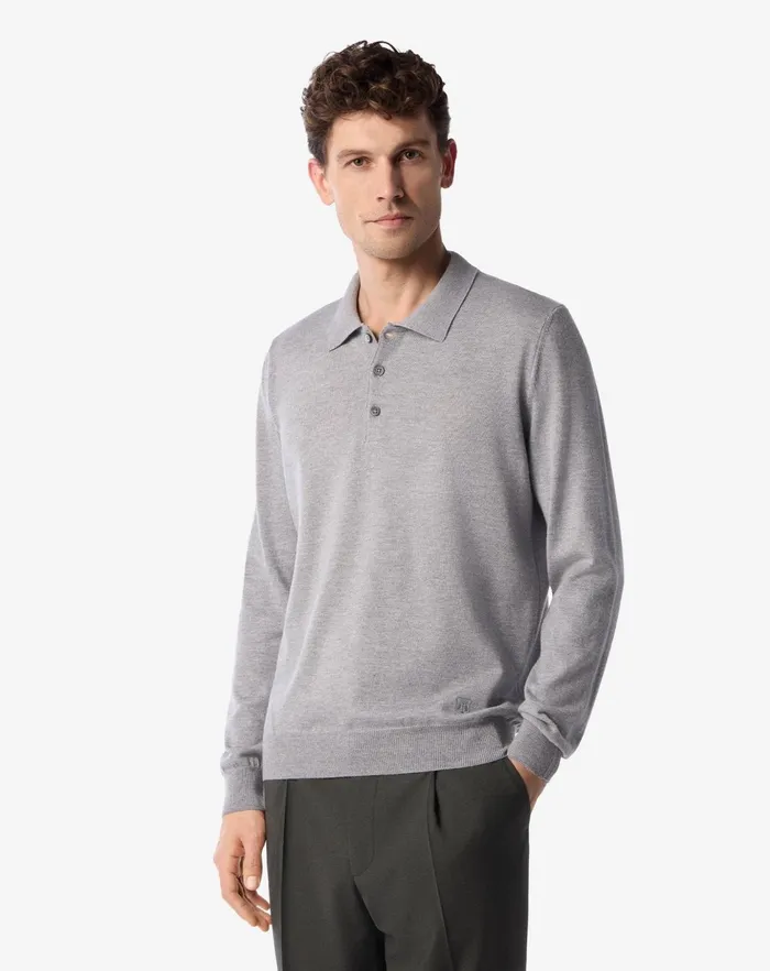 Corneliani Polos and TShirts Light Grey Extra Fine Merino Wool Buttonup Polo Shirt For Men 8211 Men