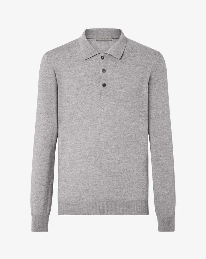 Corneliani Polos and TShirts Light Grey Extra Fine Merino Wool Buttonup Polo Shirt For Men 8211 Men