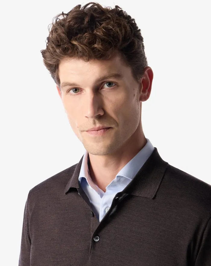 Corneliani Polos and TShirts Melange Brown Ultra Fine Wool Buttonup Polo Shirt For Men 8211 Men Corneliani Polos and TShirts Melange Brown Ultra Fine Wool Buttonup Polo Shirt For Men 8211 Men