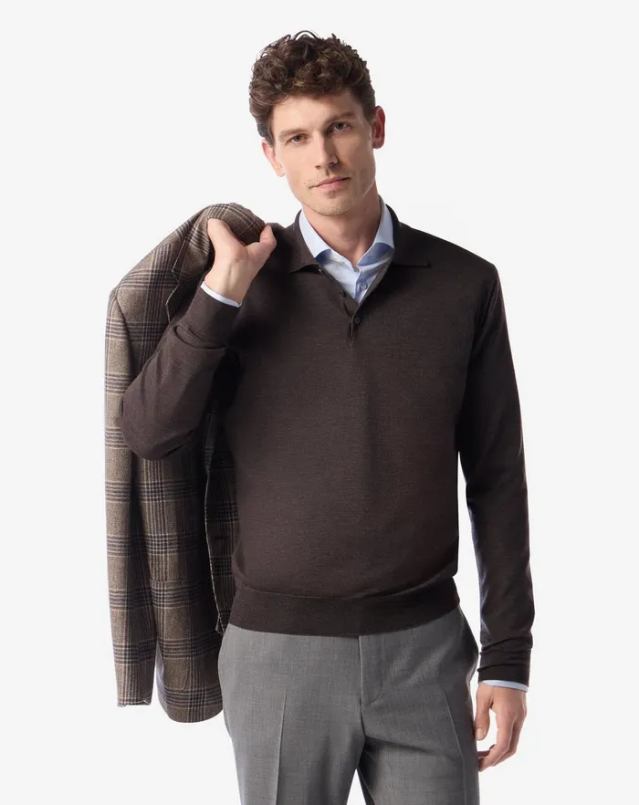 Corneliani Polos and TShirts Melange Brown Ultra Fine Wool Buttonup Polo Shirt For Men 8211 Men