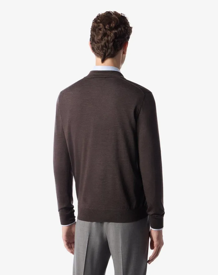 Corneliani Polos and TShirts Melange Brown Ultra Fine Wool Buttonup Polo Shirt For Men 8211 Men