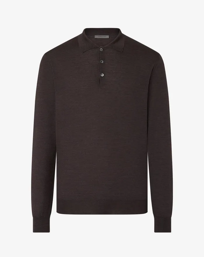 Corneliani Polos and TShirts Melange Brown Ultra Fine Wool Buttonup Polo Shirt For Men 8211 Men