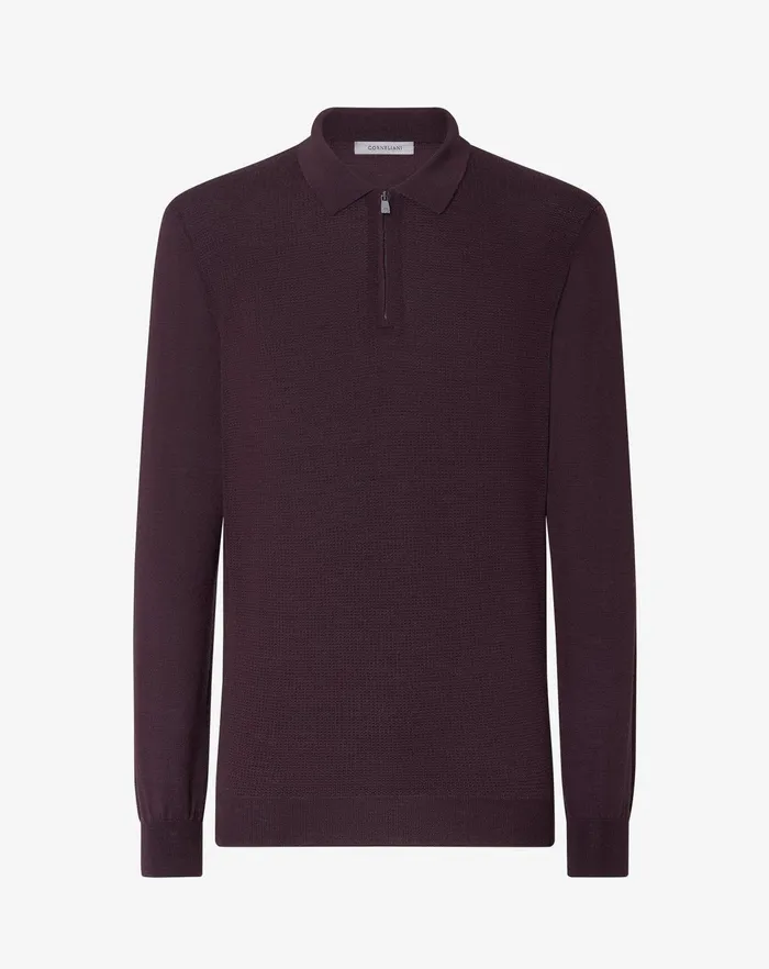 Corneliani Polos and TShirts Purple Merino Wool Zipped Polo Shirt For Men 8211 Men