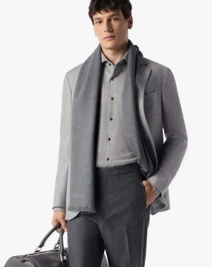 Corneliani Scarves And Hats Light Grey Pure Jacquard Wool Scarf For Men 8211 Men