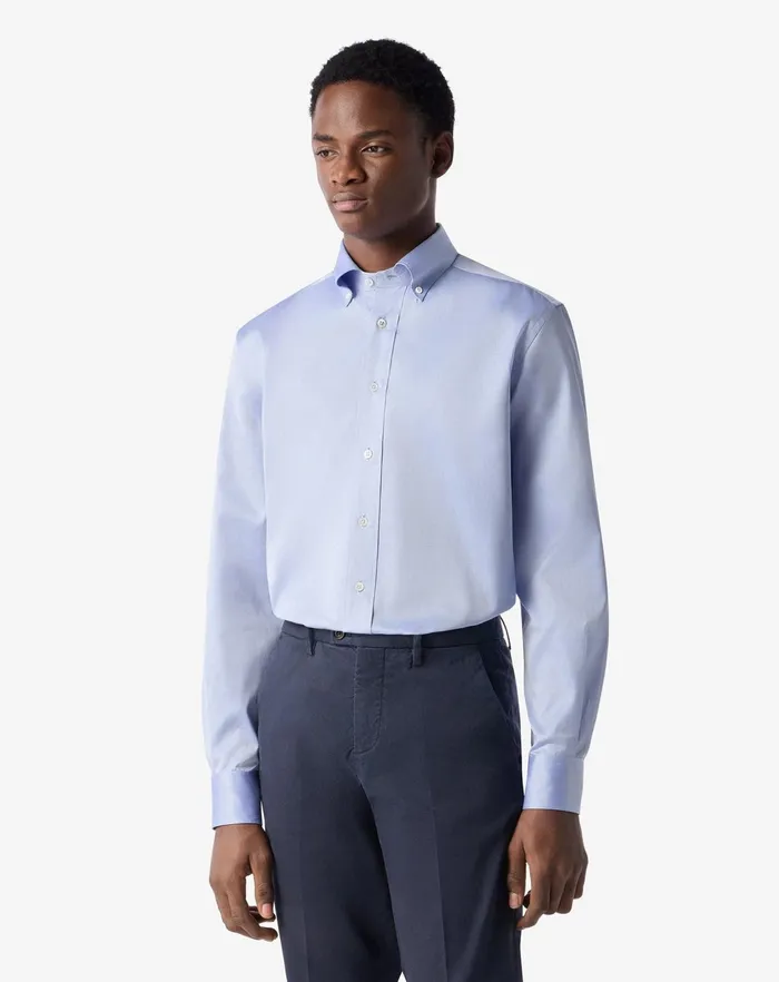 Corneliani Shirts Light Blue Cotton Twill Button Down Collar Shirt For Men 8211 Men