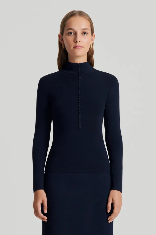 CREPE KNIT BUTTON POLO SWEATER NAVY Sweaters Scanlan Theodore Women