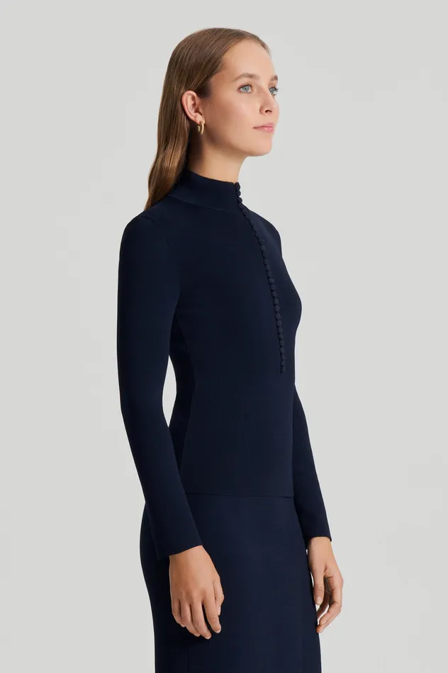 CREPE KNIT BUTTON POLO SWEATER NAVY Sweaters Scanlan Theodore Women