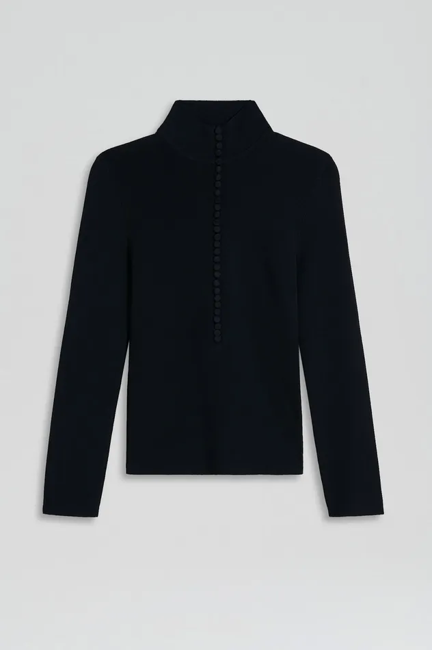 CREPE KNIT BUTTON POLO SWEATER NAVY Sweaters Scanlan Theodore Women