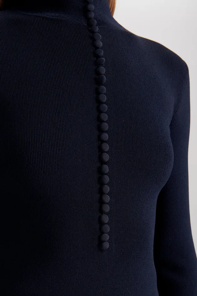 CREPE KNIT BUTTON POLO SWEATER NAVY Sweaters Scanlan Theodore Women