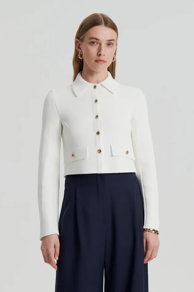 CREPE KNIT CROP BUTTON JACKET CREAM GOLD Women Jackets Scanlan Theodore