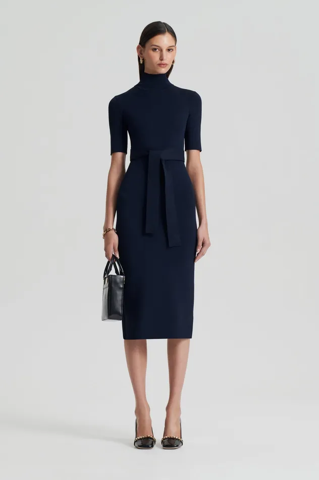 Dresses CREPE KNIT SHORT SLEEVE POLO DRESS NAVY 8211 Scanlan Theodore Women