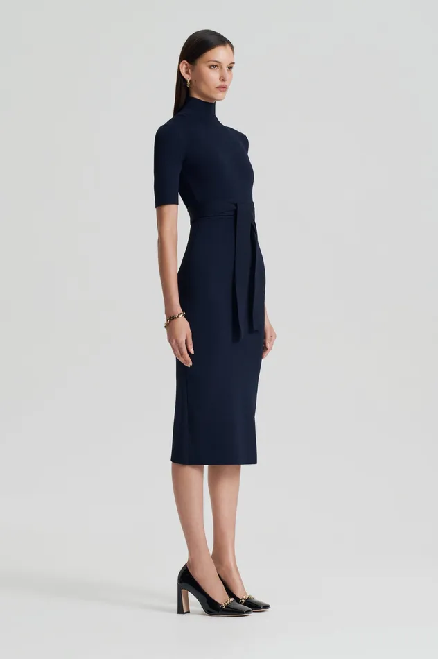 Dresses CREPE KNIT SHORT SLEEVE POLO DRESS NAVY 8211 Scanlan Theodore Women