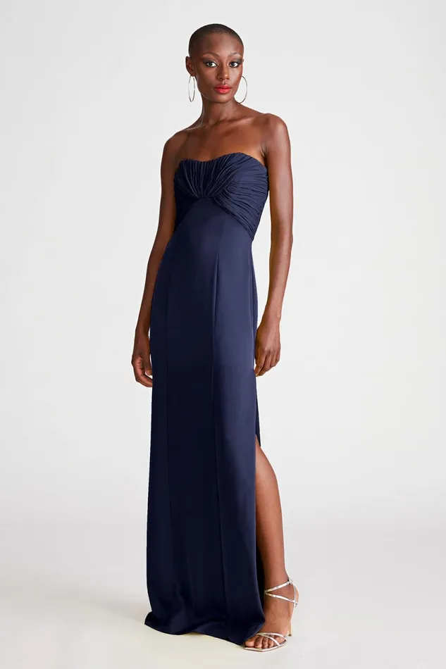 Dresses Women Halston Henna Gown In Satin and Chiffon Navy