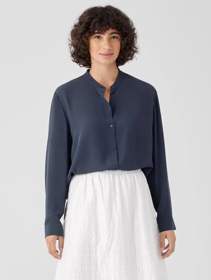 Eileen Fisher Tops and Tees Silk Georgette Crepe Band Collar Shirt Ocean 8211 Shop