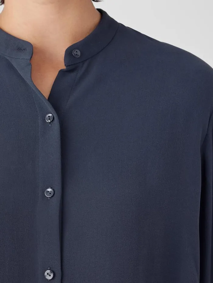 Eileen Fisher Tops and Tees Silk Georgette Crepe Band Collar Shirt Ocean 8211 Shop