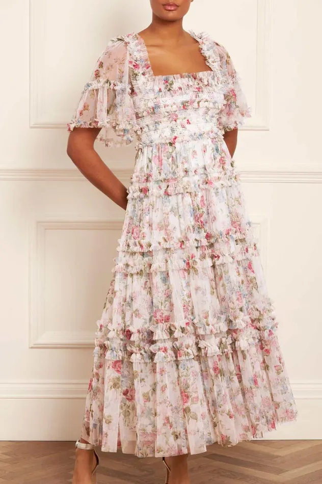 Floral Fantasy Peaches Smocked Ankle Gown Multi Women Needle and Thread Dresses