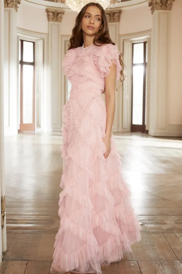 Genevieve Ruffle Gown Pink Women Needle and Thread Dresses