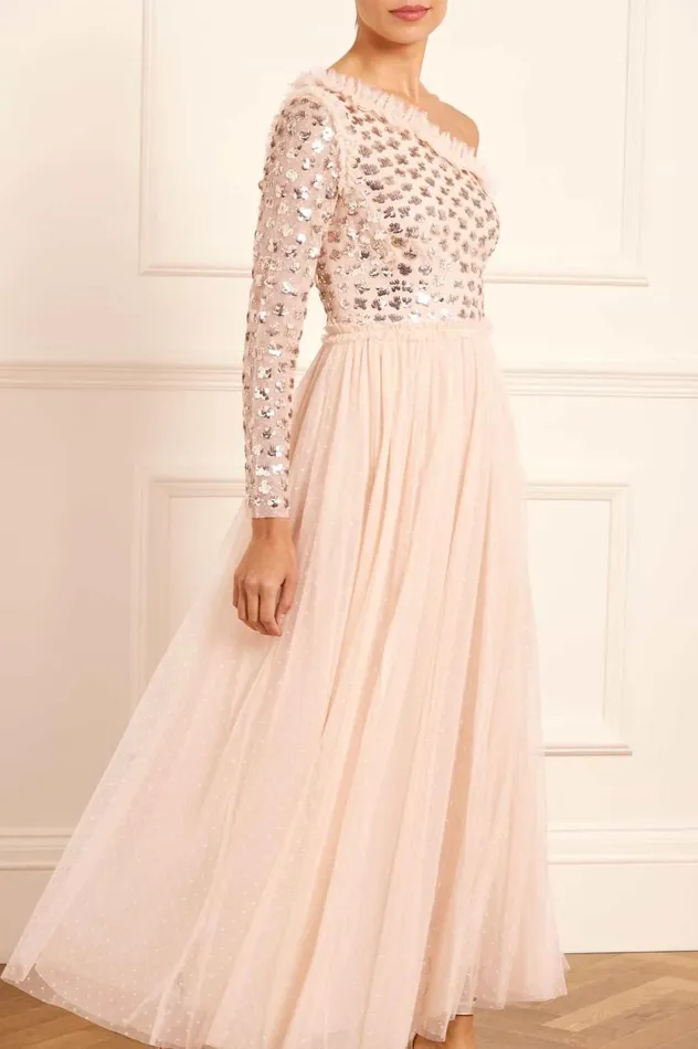 Glisten Bodice OneShoulder Ankle Gown Beige Women Needle and Thread Dresses