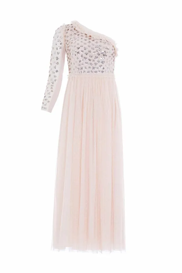 Glisten Bodice OneShoulder Ankle Gown Beige Women Needle and Thread Dresses