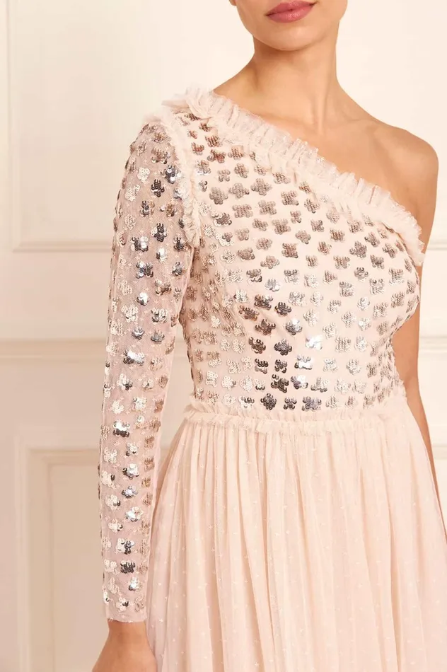 Glisten Bodice OneShoulder Ankle Gown Beige Women Needle and Thread Dresses