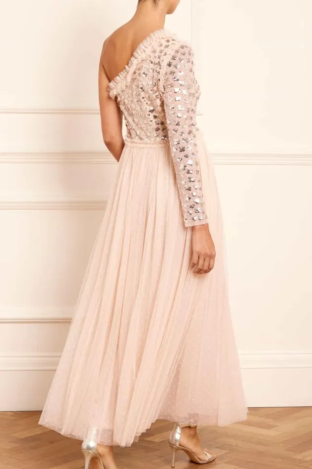 Glisten Bodice OneShoulder Ankle Gown Beige Women Needle and Thread Dresses