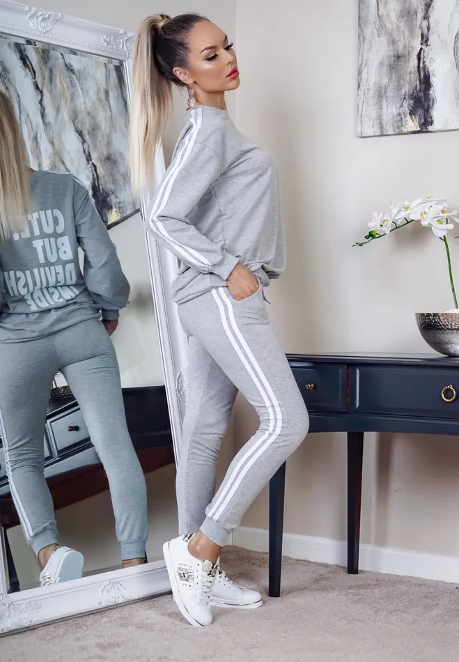 Grey 039Cute But Devilish039 Stripe Tracksuit Women Missfiga LoungewearTracksuits