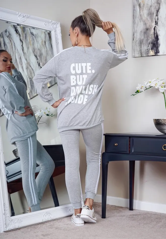 Grey 039Cute But Devilish039 Stripe Tracksuit Women Missfiga LoungewearTracksuits Grey 039Cute But Devilish039 Stripe Tracksuit Women Missfiga LoungewearTracksuits