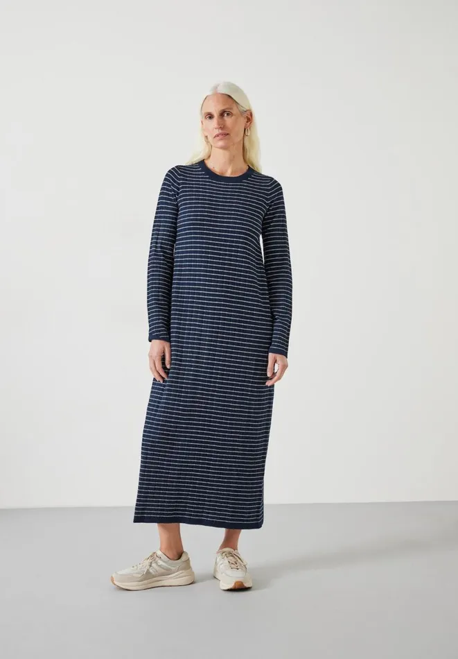Hush Dresses Women Dixie Cotton Striped Knitted Dress Midnight Navy Ecru