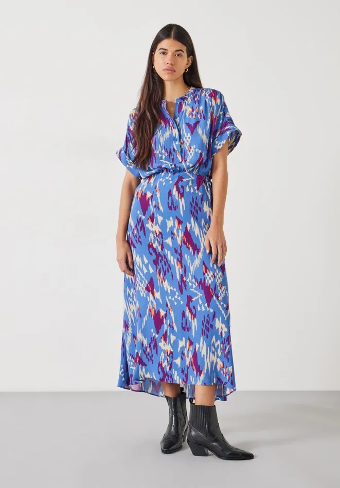 Hush Dresses Women Keisha Relaxed Maxi Shirt Dress Irregular Ikat Blue