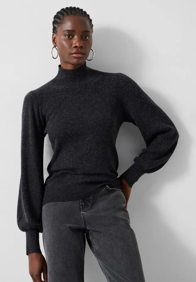 Hush Jumpers and Cardigans Women Ribbed Sleeve Roll Neck Jumper Charcoal Marl