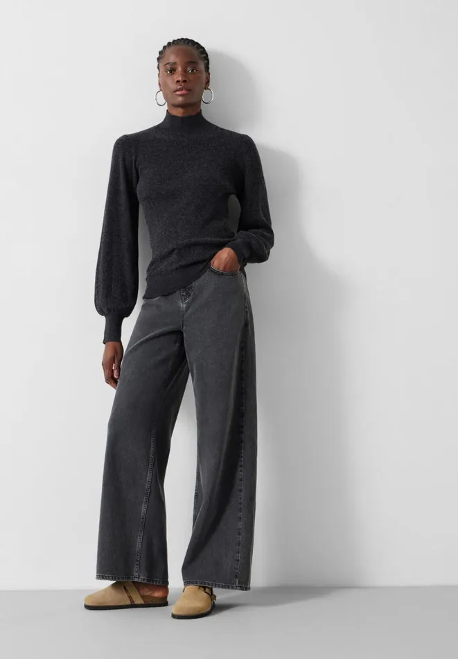 Hush Jumpers and Cardigans Women Ribbed Sleeve Roll Neck Jumper Charcoal Marl