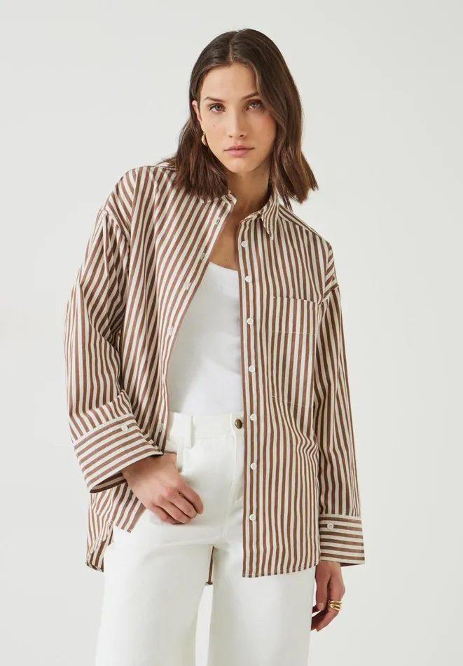 Hush Shirts and Blouses Women Indy Oversized Stripe Shirt Brownwhite Stripe